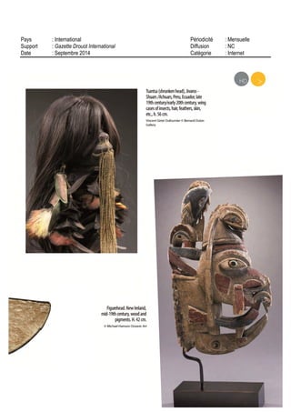 11 RUE BERANGER
75154 PARIS - 01 42 76 17 89
06/07 SEPT 14
Quotidien
OJD : 101616
Surface approx. (cm²) : 187
N° de page : 38
Page 1/1
TRIBALART
6164421400505/GSD/AHR/1
Tous droits réservés à l'éditeur
ENCHÈRES La collection d'art océanien de
Murray Frumvendue chez Sotheby's à Paris.
Dieu, bébé et ancêtre
dutrésormaori
I
Iy a l'atua rohan de Rarotonga,
lapouwhakairomaori,etleUli
mandak En langage de non
specialiste, cela se traduit par la
tête d'un «dieu Bâton» de laplus
grande des îles Cook, qui fait la
couverture du catalogue, une sta
tue en pied maori, de Nouvelle
Zelande, rarissime puisqu'onn'en
connaît que huit au monde (dont
celle ci, la seule en collection pri
vee), et une grande (1,40 metre)
statue d'ancêtre avec un bebe uk
sur le ventre, de la Nouvelle
Irlande
Tels sont les trois ob
jets phare de la celé
bre collection Mur
ray Frum, dont une
partie (une cm
quantame de pie
ces) sera exposée la
semaine prochaine
chezSotheby's aParis,
avant d'être dispersee
aux encheres le 16 sep
tembre
La maison de vente
autoproclame que, dans
le domaine de l'artocea
men, il s'agit la du «plu*
important ensemblepresente
en vente depuis trente
ani» Ouh la, carre
ment'
Quoi qu'il en soit, il est
clair que les trois pieces
précitées sont excep
tionnelles (leur esti
mation aussi, entre
1,5 et 2 millions
d'euros pour la plus
chere, la statue Maori), tant par
leur puissance plastique que par
leurs prestigieuses provenances
Aces chefs d'oeuvre, onpourrait
ajouter une magnifique flûte puto
rma, un étonnant perchoir a
oiseau Quant aux autres pieces,
tout en étant d'une indéniable
qualite, elles sont moins rares et
peuvent se trouver chez certains
marchands d'arts premiers qui,
d'ailleurs, ne trouvent pas tres
fair play cette vente qui concur
rence leur 13e
edition du
Parcours des mondes
qui se tient egale
ment la semaine
prochainedansle
quartier Saint
Germain des
Pres
HENRI-FRANÇOIS
DEBAILLEUX
Exposition chez Sothebys
GalerieCharpentier76
rue du faubourg Saint
Honore 75OO8 Du
mardi9jusquau lundi15
septembre vente aux
encheres le16a16heures
Rens 0153055305
Statue pou
whakairo maori,
estimée entre
1,5 et 2 millions
d'euros. PHOTOART
DIGITAL STUDIO
SOTHEBYS FRANCE
 