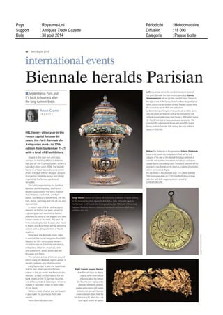 d’art tribal. Mais nos voisins
belges ont lancé en 2013 la foire Asian Art in Brussels
(AAB), qui englobe la Chine, le Japon, l’Inde... Celle-
ci s’est déroulée en juin
dernier aux mêmes dates et
avec une communication
conjointe avec Bruneaf, la
grande foire d’art tribal de
la capitale belge. Le projet
d’une foire parisienne
concur rente en même
temps avait suscité un
tollé chez les marchands
belges. Pour ne pas se
priver de professionnels
bruxellois renommés, les
organisateurs de l’ « Asian
Parcours » - l’équipe du
Parcours des Mondes - l’ont
donc décalé à septembre. La
synergie avec le Parcours
des Mondes pourrait même
être bénéfique. Restent des inconnues : dans un calendrier
déjà serré, les marchands d’art asiatique qui participeront
aux autres foires spécialisées auront-ils assez de pièces de
qualité pour venir, en plus, à Paris ? Les grands antiquaires
qui exposent à la Biennale des Antiquaires une année sur
deux, tels Gisèle Croës (Bruxelles) ou Jacques Barrère
(Paris), auront-ils envie de s’y associer ? Quoi qu’il en
soit, une telle manifestation viendrait renforcer la place
de Paris sur l’échiquier mondial du marché de l’art. ❚
LE QUOTIDIEN DE L’ART / NUMÉRO 664 / LUNDI 8 SEPTEMBRE 2014
MARCHÉ DE L’ART
Un parcours des arts
asiatiques bientôt lancé
SUITE DU TEXTE DE UNE
PAGE
02
Le Quotidien de l’Art
--
Agence de presse et d’édition de l’art 61, rue du Faubourg Saint-Denis 75010 Paris
* Éditeur : Agence de presse et d’édition de l’art, Sarl au capital social de 10 000 euros.
61, rue du Faubourg Saint-Denis, 75010 Paris. RCS Paris B 533 871 331.
* CPPAP : 0314 W 91298 * www.lequotidiendelart.com : Un site internet hébergé
par Serveur Express, 8, rue Charles Pathé à Vincennes (94300), tél. : 01 58 64 26 80
* Principaux actionnaires : Nicolas Ferrand, Guillaume Houzé, Jean-Claude Meyer
* Directeur de la publication : Nicolas Ferrand * Directeur de la rédaction :
Philippe Régnier (pregnier@lequotidiendelart.com) * Rédactrice en chef adjointe :
Roxana Azimi (razimi@lequotidiendelart.com) * Marché de l’art : Alexandre Crochet
(acrochet@lequotidiendelart.com) * Expositions, Musées, Patrimoine : Sarah Hugounenq
(shugounenq@lequotidiendelart.com) * Contributeur : Luc Castel
* Maquette : Isabelle Foirest * Directrice commerciale : Judith Zucca
(jzucca@lequotidiendelart.com), tél. : 01 82 83 33 14
* Abonnements : abonnement@lequotidiendelart.com, tél. : 01 82 83 33 13
* Imprimeur : Point44, 94500 Champigny sur Marne * Conception graphique :
Ariane Mendez * Site internet : Dévrig Viteau
© ADAGP Paris 2013 pour les œuvres des adhérents
--
Visuel de Une : David Goldblatt, Dutch Reformed Church, achevé en 1984, Quellerina,
Johannesburg, 3 Novembre 1986, tirage argentique noir et blanc, 86 x 110 cm.
Courtesy of the artist and Marian Goodman Gallery, Paris.
Nous aimerions
faire l’Asian
Week de New York à
Paris. Au cours
de mes
déplacements,
j’ai rencontré
beaucoup de
marchands et de
collectionneurs en
Asie désireux de
venir à Paris,
y compris en
famille, mais
il leur faut un
prétexte
Rudyard KIPLING.
La Chasse de Kaa.
Illustrations de Paul Jouve.
Paris, Javal & Bourdeaux, 1930.
Exemplaire unique de la maquette
de ce magnifique ouvrage,
contenant toutes les gouachescontenant toutes les gouaches
originales dont 10 signées de
Jouve (9 avec
sa signature complète,
et une avec ses initiales).
Tél : +33 1 43 26 97 69 - Fax : +33 1 40 46 91 46
e-mail : basane@thomas-scheler.fr
Biennale des Antiquaires 2014
Stand NC9
19 rue de Tournon
75006 Paris
LIBRAIRIE THOMAS-SCHELER
Bernard et Stéphane Clavreuil
 