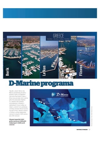 D-Marine programa

Tekst: Igor Georgiev / Foto: D-Marin Marine Group

Takođe u blizini Atine, Zea
Marina predstavlja još jednu
početnu tačku na Egejskim
ostrvima, Saronskom zalivu i
Kritu, te je prirodan dom većine
jahti. Dva preostala objekta
su i idealne luke polaska
za krstarenja u Jonskom i
Jadranskom moru: Lefkas se
nalazi u samom srcu prelepog
Jonskog ostrvlja, dok je Gouvia,
na ostrvu Krfu, najveća marina
u Grčkoj u smislu kapaciteta
vezova (s ukupno 1.235 vezova,
plus 520 vezova).
Ukupan kapacitet četiri
grčke marine je 2.828 jahti
(uključujući i 3.626 suvih
vezova).

NAUTIKA & TURIZAM

57

 