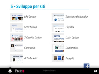 5 - Sviluppo per siti
        Like button                             Reccomendations Bar


        Send button                             Like Box


        Subscribe button                        Login button


        Comments                                Registration


        Activity feed                           Facepile



                           FACEBOOK MARKETING
                                                                      51
 