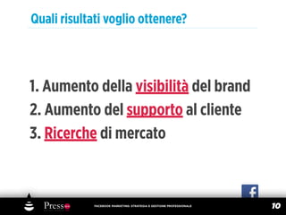 Quali risultati voglio ottenere?



1. Aumento della visibilità del brand
2. Aumento del supporto al cliente
3. Ricerche di mercato



             FACEBOOK MARKETING: STRATEGIA E GESTIONE PROFESSIONALE
                                                                      10
 