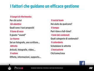 I fattori che guidano un eﬃcace gestione

 Il target di riferimento:
Per chi scrivi                                          Il social team
 Gli obiettivi                                          Hai aiuto da qualcuno?
Quali sono i tuoi propositi                             Il tempo
 Il tono di voce                                        Part-time o full-time?
Il giusto “sound”                                       I temi dei contenuti
 Le risorse                                             Quali categorie di contenuto?
Sei un fotografo, uno scrittore...                      Il calendario
 Attività                                               Schedulare le attività
Articoli, fotograﬁe, video...                           L’esecuzione
 Il valore                                              Chi/come/cosa
Oﬀerte, informazioni, supporto...



                       FACEBOOK MARKETING: STRATEGIA E GESTIONE PROFESSIONALE
                                                                                        32
 