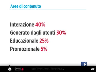 Aree di contenuto


Interazione 40%
Generato dagli utenti 30%
Educazionale 25%
Promozionale 5%


           FACEBOOK MARKETING: STRATEGIA E GESTIONE PROFESSIONALE
                                                                    33
 