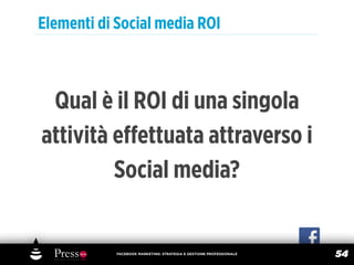 Elementi di Social media ROI



 Qual è il ROI di una singola
attività eﬀettuata attraverso i
         Social media?


            FACEBOOK MARKETING: STRATEGIA E GESTIONE PROFESSIONALE
                                                                     54
 