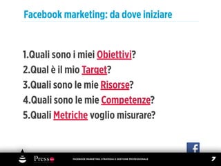 Facebook marketing: da dove iniziare


1.Quali sono i miei Obiettivi?
2.Qual è il mio Target?
3.Quali sono le mie Risorse?
4.Quali sono le mie Competenze?
5.Quali Metriche voglio misurare?


            FACEBOOK MARKETING: STRATEGIA E GESTIONE PROFESSIONALE
                                                                     7
 