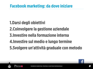 Facebook marketing: da dove iniziare


1.Darsi degli obiettivi
2.Coinvolgere la gestione aziendale
3.Investire nella formazione interna
4.Investire sul medio e lungo termine
5.Svolgere un'attività graduale con metodo


            FACEBOOK MARKETING: STRATEGIA E GESTIONE PROFESSIONALE
                                                                     8
 