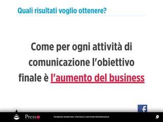 Quali risultati voglio ottenere?



   Come per ogni attività di
  comunicazione l'obiettivo
ﬁnale è l'aumento del business


             FACEBOOK MARKETING: STRATEGIA E GESTIONE PROFESSIONALE
                                                                      9
 