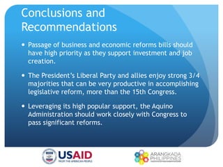 Conclusions and
Recommendations
 Passage of business and economic reforms bills should
have high priority as they support investment and job
creation.
 The President’s Liberal Party and allies enjoy strong 3/4
majorities that can be very productive in accomplishing
legislative reform, more than the 15th Congress.
 Leveraging its high popular support, the Aquino
Administration should work closely with Congress to
pass significant reforms.
 