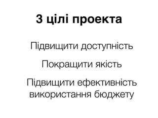 3 цілі проекта
Підвищити доступність 
Покращити якість
Підвищити ефективність
використання бюджету
 