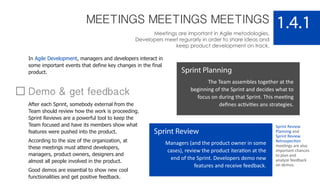 MEETINGS MEETINGS MEETINGS
Meetings are important in Agile metodologies.
Developers meet regurarly in order to share ideas and
keep product development on track.
1.4.1
Sprint Planning
The Team assembles together at the
beginning of the Sprint and decides what to
focus on during that Sprint. This meeting
deﬁnes activities ans strategies.
Sprint Review
Managers (and the product owner in some
cases), review the product iteration at the
end of the Sprint. Developers demo new
features and receive feedback.
In Agile Development, managers and developers interact in
some important events that define key changes in the final
product.
Demo & get feedback
After each Sprint, somebody external from the
Team should review how the work is proceeding.
Sprint Reviews are a powerful tool to keep the
Team focused and have its members show what
features were pushed into the product.
According to the size of the organization, at
these meetings must attend developers,
managers, product owners, designers and
almost all people involved in the product.
Good demos are essential to show new cool
functionalities and get positive feedback.
Sprint Review
Planning and
Sprint Review
Retrospection
meetings are also
important chances
to plan and
analyze feedback
on demos.
 