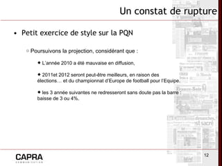 Petit exercice de style sur la PQN Un constat de rupture Poursuivons la projection, considérant que : L’année 2010 a été mauvaise en diffusion, 2011et 2012 seront peut-être meilleurs, en raison des élections… et du championnat d’Europe de football pour l’Equipe. les 3 année suivantes ne redresseront sans doute pas la barre : baisse de 3 ou 4%. 