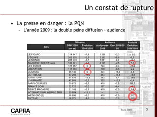 Un constat de rupture La presse en danger : la PQN L’année 2009 : la double peine diffusion + audience Source DGMIC 