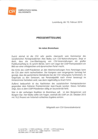 Pressecommuniqué der CSV - Antwort auf Bodry