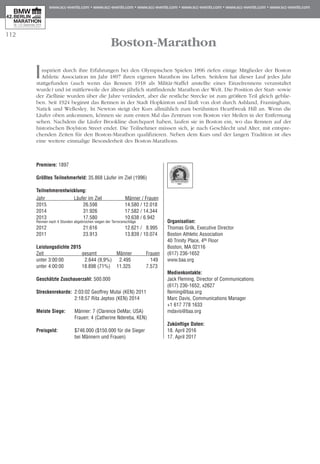 112
Boston-Marathon
Inspiriert durch ihre Erfahrungen bei den Olympischen Spielen 1896 riefen einige Mitglieder der Boston
Athletic Association im Jahr 1897 ihren eigenen Marathon ins Leben. Seitdem hat dieser Lauf jedes Jahr
stattgefunden (auch wenn das Rennen 1918 als Militär-Staffel anstellte eines Einzelrennens veranstaltet
wurde) und ist mittlerweile der älteste jährlich stattfindende Marathon der Welt. Die Position der Start- sowie
der Ziellinie wurden über die Jahre verändert, aber die restliche Strecke ist zum größten Teil gleich geblie­
ben. Seit 1924 beginnt das Rennen in der Stadt Hopkinton und läuft von dort durch Ashland, Framingham,
Natick und Wellesley. In Newton steigt der Kurs allmählich zum berühmten Heartbreak Hill an. Wenn die
Läufer oben ankommen, können sie zum ersten Mal das Zentrum von Boston vier Meilen in der Entfernung
sehen. Nachdem die Läufer Brookline durchquert haben, laufen sie in Boston ein, wo das Rennen auf der
historischen Boylston Street endet. Die Teilnehmer müssen sich, je nach Geschlecht und Alter, mit entspre­
chenden Zeiten für den Boston-Marathon qualifizieren. Neben dem Kurs und der langen Tradition ist dies
eine weitere einmalige Besonderheit des Boston-Marathons.
Premiere: 1897
Größtes Teilnehmerfeld: 35.868 Läufer im Ziel (1996)
Teilnehmerentwicklung:
Jahr	 Läufer im Ziel	 Männer / Frauen
2015	 26.598	 14.580 / 12.018
2014 	 31.926 	 17.582 / 14.344
2013 	 17.580	 10.638 / 6.942
Rennen nach 4 Stunden abgebrochen wegen der Terroranschläge
2012 	 21.616	 12.621 / 8.995
2011 	 23.913	 13.839 / 10.074
Leistungsdichte 2015
Zeit	 gesamt	 Männer 	 Frauen
unter 3:00:00	 2.644 (9,9%)	 2.495	 149
unter 4:00:00	 18.898 (71%)	 11.325	 7.573
Geschätzte Zuschauerzahl: 500.000
Streckenrekorde:	 2:03:02 Geoffrey Mutai (KEN) 2011
	 2:18:57 Rita Jeptoo (KEN) 2014
Meiste Siege:	 Männer: 7 (Clarence DeMar, USA)
	 Frauen: 4 (Ca­therine Ndereba, KEN)
Preisgeld:	 $746.000 ($150.000 für die Sieger
bei Männern und Frauen)
	
Organisation:	
Thomas Grilk, Executive Director
Boston Athletic Association
40 Trinity Place, 4th Floor
Boston, MA 02116
(617) 236-1652
www.baa.org
Medienkontakte:
Jack Fleming, Director of Communications
(617) 236-1652, x2627
fleming@baa.org
Marc Davis, Communications Manager
+1 617 778 1633
mdavis@baa.org
Zukünftige Daten:	
18. April 2016
17. April 2017
 