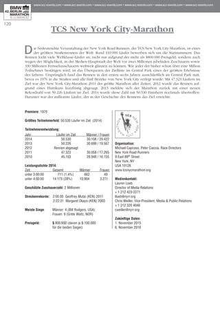 120
TCS New York City-Marathon
Die bedeutendste Veranstaltung der New York Road Runners, der TCS New York City-Marathon, ist eines
der größten Straßenrennen der Welt: Rund 110.000 Läufer bewerben sich um die Startnummern. Das
Rennen lockt viele Weltklasse-Läufer an, nicht nur aufgrund der mehr als $800.000 Preisgeld, sondern auch
wegen der Möglichkeit, in der Medien-Hauptstadt der Welt vor zwei Millionen jubelnden Zuschauern sowie
330 Millionen Fernsehzuschauern weltweit glänzen zu können. Wie jeder der bisher schon über eine Million
Teilnehmer bestätigen wird, ist das Überqueren der Ziellinie im Central Park eines der größten Erlebnisse
des Lebens. Ursprünglich fand das Rennen in den ersten sechs Jahren ausschließlich im Central Park statt,
bevor es 1976 in die Straßen und alle fünf Bezirke von New York City verlegt wurde. Mit 47.323 Läufern im
Ziel war der New York City-Marathon 2011 der größte Marathon aller Zeiten. 2012 wurde das Rennen auf­
grund eines Hurrikans kurzfristig abgesagt. 2013 meldete sich der Marathon zurück mit einer neuen
Rekordzahl von 50.226 Läufern im Ziel. 2014 wurde diese Zahl mit 50.530 Finishern nochmals übertroffen.
Darunter war der millionste Läufer, der in der Geschichte des Rennens das Ziel erreichte.
Premiere: 1970
Größtes Teilnehmerfeld: 50.530 Läufer im Ziel (2014)
Teilnehmerentwicklung:	
Jahr	 Läufer im Ziel	 Männer / Frauen
2014	 50.530	 30.108 / 20.422
2013	 50.226 	 30.699 / 19.567
2012	Rennen abgesagt
2011	 47.323	 30.058 / 17.265
2010	 45.103	 28.948 / 16.155
Leistungsdichte 2014: 	
Zeit	 Gesamt	 Männer	 Frauen	
unter 3:00:00	 711 (1,4%)	 662	 49
unter 4:00:00	 14.175 (28%)	 10.904	 3.271
Geschätzte Zuschauerzahl: 2 Millionen
	
Streckenrekorde:	 2:05:05 Geoffrey Mutai (KEN) 2011
2:22:31 Margaret Okayo (KEN) 2003
Meiste Siege:	 Männer: 4 (Bill Rodgers, USA)
	 Frauen: 9 (Grete Waitz, NOR)
Preisgeld:	 $ 800.600 (davon je $ 100.000
	 für die beiden Sieger)
Organisation:	
Michael Capiraso, Peter Ciaccia, Race Directors
New York Road Runners
9 East 89th Street
New York, NY
USA 10128
www.tcsnycmarathon.org
Medienkontakt:
Lauren Loeb
Director of Media Relations
+ 1 212 423-2271
lloeb@nyrr.org
Chris Weiller, Vice-President, Media & Public Relations
+ 1 212 320 4046
cweiller@nyrr.org
Zukünftige Daten:
1. November 2015
6. November 2016
 