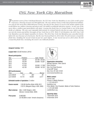 121
ING New York City Marathon
The premier event of New York Road Runners, the TCS New York City Marathon is one of the world’s great
road races, drawing around 110,000 applicants. The race attracts many world-class professional athletes,
not only for the more than $800,000 prize money, but also for the chance to excel in the media capital of the
world before two million cheering spectators and 330 million worldwide television viewers. As any one of the
more than a million past participants will attest, crossing the finish line in Central Park is one of the great
thrills of a lifetime. The race was originally held entirely in Central Park for the first six years, before moving
out into the streets and all five boroughs of New York City in 1976. With 47,323 finishers, the 2011 New York
City Marathon was the largest marathon in history. The 2012 New York City Marathon was cancelled shortly
before the race because of a hurricane. But the race bounced back in 2013 when 50,226 runners crossed the
finish line, breaking the record it had set just two years before. A new record was set in 2014 when 50,530
crossed the finish line, including the event’s one millionth finisher.
Inaugural running: 1970
Largest field: 50,530 finishers (2014)
Recent participation:
Year	 Finishers	 male / Female	
2014	 50,530	 30,108 / 20,422
2013	 50,226 	 30,699 / 19,567
2012	 no race
2011	 47,323	 30,058 / 17,265
2010	 45,103	 28,948 / 16,155
2014 performances:
Time	 Total	 Men	 Women
sub-3:00:00	 711	 662	 49
sub 4:00:00	 14,175	 10,904	 3,271
Estimated number of spectators: 2 million
Course records:	 2:05:06 Geoffrey Mutai (KEN) 2011
	 2:22:31 (Margaret Okayo, KEN, 2003)
Most victories:	 Men: 4 (Bill Rodgers, USA)
	 Women: 9 (Grete Waitz, NOR)
Prize purse:	 $ 800,600
	 ($ 100,000 to male / female champions)
Organization information:
Michael Capiraso, Peter Ciaccia
Race Directors
New York Road Runners
9 East 89th Street
New York, NY USA 10128
www.tcsnycmarathon.org
Media contact:
Lauren Loeb
Director of Media Relations
+ 1 212 423-2271
lloeb@nyrr.org
Chris Weiller, Vice-President, Media & Public Relations
+ 1 212 320 4046
cweiller@nyrr.org
Upcoming dates:
1 November 2015
6 November 2016
 