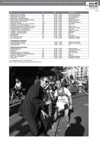 163
VP = Verpflegungspunkt, EP = Erfrischungspunkt
Stand 12.9.2014. Eine aktualisierte Liste liegt im Pressezentrum aus.
Ort	 km	 Zeit	 Musikgruppe
Kleiststraße nach W'platz 	 36	 10.40 - 14.00	 VP, Cats Cheerleader
Kleiststraße nach W'platz	 36	 10.40 - 14.00	 VP, Cheerleader/DJ
Kleiststraße / vor Conrad	 36	 10.40 - 14.00	 Supatarskadraga
Kleistrasse vor Nollendorfplatz 	 37	 10.40 - 14.00	 Jazzquintet
Bülowstrasse direkt nach Nollendorfplatz	 37	 10.40 - 14.00	 Bateria Brincadeira
Bülowstrasse / Frobenstraße 	 37	 10.40 - 14.00	 Quebra Ouvidos
Potsdamer Strasse 	 37,5	 10.40 - 14.15	 Der Singende Tresen
Potsdamer Strasse / zw. Kürf.- Lützowstr.	 37,5	 10.40 - 14.15	 Prokopätz
Potsdamer Str. nach Pohlstraße 	 38	 10.45 - 14.15	 EP
Ibero-Amerikanisches Inst.ggb Nat. Galerie	 38	 10.45 - 14.20	 Baque forte
Staatsbibliothek nach Eingang in Kurve	 39	 10.45 - 14.30	 Sussuro do Asfalto
Potsdamer Platz / Leipziger Platz	 39	 10.45 - 14.30	 Zibb /rbb
Leipziger Platz kurz vor Bundesrat	 39	 10.45 - 14.30	 Alegria do samba
Leipziger- / Friedrichstrasse	 39	 10.45 - 14.35	 Sambanda
Leipziger / Charlottenstraße	 39	 10.45 - 14.35	 Malinke
Mohrenstraße 	 40	 10.45 - 14.35	 EP
Glinkastraße	 41	 10.45 - 14.40	 Hastetöne
UdL - Wilhelmstraße	 42	 11.00 - 15.00	 Erdinger Animation
Brandenburger Tor	 42	 11.00 - 15.00	 Moderation / Musik		
	
Frühstückslauf Sonnabend			
Charlottenburger Schloss		 8.30 - 9.30	 Sapucaiu no samba
Charlottenburger Schloss		 8.30 - 9.30	 Natty's Dancefactory
Olympiastadion		 9.30 - 11.30	 DJ
			
Skatermarathon Sonnabend			 		
Straußberger Platz	 11	 15.30 - 17.00	 Bloco Exposao
Kottbusser Tor	 15	 15.30 - 17.00	 Türkische Rockband
Südstern	 19	 15.45 - 17.00	 Trommelband
Breitenbachplatz unter Stadtring	 26	 15.45 - 17.30	 three drummers
Hohenzollerndamm vor Sommerbadweg	 30	 16.00 - 17.45	 DJ
Leipziger / Charlottenstraße	 40	 16.00 - 17.45	 Malinke
UdL - Russ. Botschaft	 41	 16.00 - 17.45	 Erdinger Animation
Zielbereich 	 42	 15.00 - 19.00	 Moderation / Musik
 