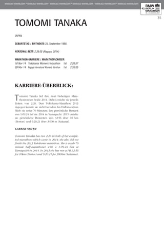35
TOMOMI TANAKA
KARRIERE-ÜBERBLICK:
Tomomi Tanaka lief ihre zwei bisherigen Mara­
thonrennen beide 2014. Dabei erzielte sie jeweils
Zeiten von 2:26. Den Yokohama-Marathon 2013
dagegen konnte sie nicht beenden. Im Halb­marathon
blieb sie unter 70 Minuten; ihre persönliche Bestzeit
von 1:09:24 lief sie 2014 in Yamaguchi. 2015 erzielte
sie persönliche Bestzeiten von 32:56 über 10 km
(Boston) und 9:20,21 über 3.000 m (Saitama).
CAREER NOTES:
Tomomi Tanaka has run 2:26 in both of her comple-
ted marathons which came in 2014; she also did not
finish the 2013 Yokohama marathon. She is a sub-70
minute half-marathoner with a 1:09:24 best at
Yamaguchi in 2014. In 2015 she has run a PB 32:56
for 10km (Boston) and 9:20.21 for 3000m (Saitama).
JAPAN
GEBURTSTAG / BIRTHDATE: 25. September 1988
PERSONAL BEST: 2:26:05 (Nagoya, 2014)
MARATHON-KARRIERE / MARATHON CAREER:
16 Nov 14 	Yokohama Women's Marathon 	 1st 	 2:26:57
09 Mar 14	 Nagoya International Women's Marathon	 1st	 2:26:05
 