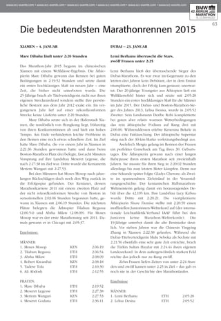 63
Die bedeutendsten Marathonrennen 2015
Xiamen – 4. Januar
Mare Dibaba läuft unter 2:20 Stunden
Das Marathon-Jahr 2015 begann im chinesischen
Xiamen mit einem Weltklasse-Ergebnis. Die Äthio­
pierin Mare Dibaba gewann das Rennen bei guten
Bedingungen in 2:19:52 Stunden und setzte damit
ein erstes hochklassiges Maß im neuen Jahr – eine
Zeit, die bisher nicht unterboten wurde. Die
25-Jährige brach als Titelverteidigerin nicht nur ihren
eigenen Streckenrekord sondern stellte ihre persön-
liche Bestzeit aus dem Jahr 2012 exakt ein. Im ver-
gangenen Jahr lief auf einer rekordkonformen
Strecke keine Läuferin unter 2:20 Stunden.
Mare Dibaba setzte sich in der Hafenstadt Xia­
men, die nordöstlich von Hongkong liegt, frühzeitig
von ihren Konkurrentinnen ab und hielt ein hohes
Tempo. Am Ende verhinderten leichte Probleme in
den Beinen eine noch etwas schnellere Zeit. Im Ziel
hatte Mare Dibaba, die vor einem Jahr in Xiamen in
2:21:36 Stunden gewonnen hatte und dann beim
Boston-Marathon Platz drei belegte, fast acht Minuten
Vorsprung auf ihre Landsfrau Meseret Legesse, die
nach 2:27:38 im Ziel war. Dritte wurde die Kenianerin
Meriem Wangari mit 2:27.53.
Bei den Männern hat Moses Mosop nach jahre-
langen Rückschlägen doch noch den Weg zurück in
die Erfolgsspur gefunden. Der Kenianer, dessen
Marathonkarriere 2011 mit einem zweiten Platz auf
der nicht rekordkonformen Strecke von Boston in
sen­­sationellen 2:03:06 Stunden begonnen hatte, ge­­
wann in Xiamen mit 2:06:19 Stunden. Die nächsten
Plätze belegten die Äthiopier Tilahun Regassa
(2:06:54) und Abrha Milaw (2:08:09). Für Moses
Mosop war es der erste Marathonsieg seit 2011. Da­­
mals gewann er in Chicago mit 2:05:37.
Ergebnisse:
Männer:
1. Moses Mosop	 KEN	 2:06:19
2. Tilahun Regassa 	 ETH	 2:06:54
3. Abrha Milaw 	 ETH	 2:08:09
4. Robert Kwambai 	 KEN 	 2:08:18
5. Tadese Tola 	 ETH 	 2:10:30
6. Ali Abdosh 	 ETH 	 2:12:55
Frauen:
1. Mare Dibaba	 ETH	 2:19:52
2. Meseret Legesse	 ETH	 2:27:38
3. Meriem Wangari 	 KEN	 2:27.53
4. Meseret Godana	 ETH	 2:36:11
Dubai – 23. Januar
Lemi Berhanu überrascht die Stars,
zwölf Frauen unter 2:25
Lemi Berhanu hieß der überraschende Sieger des
Dubai-Marathons. Es war zwar im Gegensatz zu den
letzten drei Jahren kein Debütant, der in dem Emirat
triumphierte, doch der Erfolg kam genauso unerwar-
tet. Der 20-jährige Youngster aus Äthiopien ließ ein
Weltklassefeld hinter sich und setzte mit 2:05:28
Stun­­­den ein erstes hochklassiges Maß für die Männer
im Jahr 2015. Der Dubai- und Boston-Marathon-Sie­
ger des Jahres 2013, Lelisa Desisa, wurde in 2:05:52
Zweiter. Sein Landsmann Deribe Robi komplettierte
bei guten aber relativ warmen Wetterbedingungen
das rein äthiopische Podium auf Rang drei mit
2:06:06. Währenddessen erlebte Kenenisa Bekele in
Dubai eine Enttäuschung. Der äthiopische Superstar
stieg nach der 30-km-Marke verletzungsbedingt aus.
Aselefech Mergia gelang im Rennen der Frauen
ein perfektes Comeback am Tag ihres 30. Geburts­
tages. Die Äthiopierin gewann nach einer langen
Babypause ihren ersten Marathon seit zweieinhalb
Jahren. Sie musste für ihren Sieg in 2:20:02 Stunden
allerdings bis zum letzten Meter kämpfen. Denn nur
eine Sekunde später folgte Gladys Cherono als Zwei­
te im spannendsten Zieleinlauf in der Veranstal­
tungs­­­geschichte. Der kenianischen Halbmarathon-
Weltmeisterin gelang damit ein herausragendes De­­
büt über die 42,195 km. Ihre Landsfrau Lucy Kabuu
wurde Dritte mit 2:20:21. Die viertplatzierte
Äthiopierin Shure Demise stellte mit 2:20:59 einen
inoffiziellen Juniorinnen-Weltrekord auf (der interna-
tionale Leichtathletik-Ver­band IAAF führt bei den
Junioren keine Marathon-Weltrekorde). Die
19-Jährige unterbot damit die alte Bestmarke deut-
lich. Vor sieben Jahren war die Chi­nesin Yingying
Zhang in Xiamen 2:22:38 gelaufen. Während die
Dubai-Titelverteidigerin Mulu Se­­bo­­ka als Sechste mit
2:21:56 ebenfalls eine sehr gute Zeit erreichte, brach
die Türkin Sultan Haydar mit 2:24:44 ihren eigenen
Landesrekord. In dem außergewöhnlich starken Feld
reichte das jedoch nur zu Rang zwölf.
Zehn Frauen liefen Zeiten von unter 2:24 Stun­
den und zwölf kamen unter 2:25 in Ziel – das gab es
noch nie in der Geschichte des Marathonlaufes.
Ergebnisse
Männer:
1. Lemi Berhanu	 ETH	 2:05:28
2. Lelisa Desisa	 ETH	 2:05:52
 