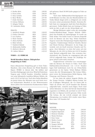 64
3. Deribe Robi	 ETH	 2:06:06
4. Feysa Lelisa	 ETH	 2:06:35
5. Sisay Lemma	 ETH	 2:07:06
6. Bazu Worku	 ETH	 2:07:09
7. Chele Dechase	 ETH 	 2:08:11
8. Girmay Birhanu	 ETH	 2:08:56
9. Adugna Takele	 ETH	 2:09:39
10. Andualem Belay	 ETH	 2:09:59
Frauen:
1. Aselefech Mergia	 ETH	 2:20:02
2. Gladys Cherono	 KEN	 2:20:03
3. Lucy Kabuu	 KEN	 2:20:21
4. Shure Demise	 ETH	 2:20:59
5. Aberu Kebede	 ETH	 2:21:17
6. Mulu Seboka	 ETH	 2:21:56
7. Tadelech Bekele	 ETH	 2:22:51
8. Aliaksandra Duliba	 BLR	 2:23:06
9. Abebech Afework	 ETH	 2:23:33
10. Ashete Bekere	 ETH	 2:23:43
Tokio – 22. Februar
World Marathon Majors: Äthiopischer
Doppelsieg in Tokio
Einen äthiopischen Doppelsieg gab es beim Tokio-
Marathon, dem ersten Rennen der World Marathon
Majors (WMM) in diesem Jahr. Bei kühlen und
feuch­­ten Bedingungen mit etwas Wind lief Endeshaw
Negesse gute 2:06:00 Stunden. Schnellste Läuferin
war seine äthiopische Landsfrau Birhane Dibaba, die
nach 2:23:15 im Ziel war. Nach dem Dubai-Marathon
im Januar haben die Äthiopier nun auch beim zwei-
ten bedeutenden Marathon in den Wintermonaten
dieses Jahres ihre kenianischen Konkurrenten hinter
sich gelassen. Rund 36.000 Läufer gingen in Tokio an
den Start.
Nach einer Halbmarathon-Durchgangszeit von
63:08 Minuten war klar, dass das Marathondebüt von
Tari­ku Bekele längst nicht so erfolgreich sein würde
wie jenes seines prominenten Bruders. Kenenisa Be­­
kele hatte im vergangenen April den Paris-Mara­thon
gewonnen. Tariku Bekele kam am Sonntag in Tokio
nicht ins Ziel, er gab vor der 30-km-Marke auf.
Wenige Kilometer später verlor der zweimalige
London-Marathon-Sieger Tsegaye Kebede (Äthio­
pien) den Kontakt zur Spitzengruppe. Er wurde am
Ende Achter. Vier Läufer waren zu diesem Zeitpunkt
noch im Rennen um den Sieg: Neben Endeshaw
Negesse waren dies Olympiasieger Stephen Kiprotich
(Uganda), Vorjahressieger Dickson Chumba (Kenia)
und Shumi Dechasa (Äthiopien). In der Folge ent-
wickelte sich ein Duell zwischen Chumba und Ne­­
gesse. Zwei Kilometer vor dem Ziel setzte sich der
Äthiopier ab, der 2013 in Dubai mit 2:04:52 Stunden
seine Bestzeit aufgestellt hatte. Den avisierten Stre­
ckenrekord, den Chumba im vergangenen Jahr mit
2:05:42 aufgestellt hatte, konnte der 26-jährige Ne­­
gesse jedoch nicht mehr erreichen.
Vergleichsweise schwächer war erwartungsge-
mäß das Rennen der Frauen in Tokio. Nach einer
Halbmarathon-Zwischenzeit von 1:11:41 Stunden
lagen fünf Läuferinnen noch bis zur 30-km-Marke
ge­­meinsam an der Spitze: Neben Birhane Dibaba
waren dies die Olympiasiegerin Tiki Gelana (Äthio­
pien) sowie die Kenianerinnen Helah Kiprop, Sally
Chepyego und Flomena Cheyech.
Es war dann die spätere Siegerin Dibaba, die
das Tempo forcierte. Lediglich Kiprop konnte der
erst 21-jährigen Äthiopierin, die vor einem Jahr in
Tokio als Zweite mit 2:22:30 Stunden ihre Bestzeit
aufgestellt hatte, zunächst noch folgen. Doch rund
sieben Kilometer vor dem Ziel fiel die Entscheidung
zugunsten von Dibaba, die am Ende in 2:23:15 Stun­
den klar vor Kiprop (2:24:03) gewann. Dritte wurde
Tiki Gelana, die mit 2:24:26 erstmals seit ihrem
Olym­piasieg von London 2012 wieder einen Mara­
thon unter 2:25 Stunden lief.
Ergebnisse:
Männer:
1. Endeshaw Negesse 	 ETH	 2:06:00
2. Stephen Kiprotich 	UGA	 2:06:33
3. Dickson Chumba 	 KEN	 2:06:34
4. Shumi Dechasa 	 ETH	 2:07:20
5. Peter Some 	 KEN	 2:07:22
6. Markos Geneti 	 ETH	 2:07:25
7. Masato Imai 	 JPN	 2:07:39
8. Tsegaye Kebede 	 ETH	 2:07:58
9. Hiroaki Sano 	 JPN	 2:09:12
10. Benjamin Ngandu 	 KEN	 2:09:18
 