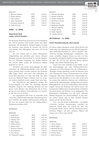 65
Frauen:
1. Birhane Dibaba 	 ETH	 2:23:15
2. Helah Kiprop 	 KEN	 2:24:03
3. Tiki Gelana 	 ETH	 2:24:26
4. Sally Chepyego 	 KEN 	 2:26:43
5. Flomena Cheyech 	 KEN	 2:26:54
6. Yeshi Esayias 	 ETH	 2:30:15
Paris – 12. April
Mark Korir läuft
starke 2:05:49 Stunden
Der Kenianer Mark Korir gewann den Paris-Marathon
mit 2:05:49 Stunden und erzielte damit eine Welt­
klassezeit. Mit deutlichem Abstand folgten in Paris
der Kenianer Luka Kanda als Zweiter mit 2:07:20
und Seboka Tola (Äthiopien), der nach 2:07:33 im
Ziel war.
Bei den Frauen gab es einen äthiopischen
Dop­­­pelerfolg und ebenfalls gute Zeiten: Meseret
Men­­gistu gewann überraschend in 2:23:26 Stunden.
Nur vier Sekunden langsamer war Amane Gobena
mit 2:23:30. Dritte wurde die Kenianerin Visiline
Jepkesho in 2:24:44.
Nachdem eine große Spitzengruppe im Män­
nerrennen die Halbmarathonmarke nach 63:21 Mi­­
nu­­­ten passiert hatte, machte zunächst der Kenianer
Mike Kigen Druck und setzte sich schließlich ab.
Doch fünf Kilometer vor dem Ziel holte ihn Mark
Korir ein. Während Kigen einbrach und von weite-
ren Läufern überholt wurde, rannte Korir zum Sieg.
Ein Durchbruch im Marathon gelang der
Frauen-Siegerin von Paris: Die 25-jährige Meseret
Mengistu steigerte ihre bisherige Bestzeit um fast
genau sechs Minuten. Die Äthiopierin, die in Pyon­
gyang vor zwei Jahren 2:29:22 gelaufen war, erreich-
te das Ziel nun in 2:23:24.
Im vergangenen Jahr hatte sie immerhin auch
schon den aufstrebenden Kapstadt-Marathon gewon-
nen (2:30:56). Ihr größter internationaler Erfolg bis-
her war ein sechster Platz bei den Halbmarathon-
Weltmeisterschaften 2010.
Ergebnisse:
Männer:
1. Mark Korir	 KEN	 2:05:49
2. Luka Kanda 	 KEN	 2:07:20
3. Seboka Tola 	 ETH	 2:07:33
4. Mike Kigen	 KEN	 2:07:42
5. Gilbert Kirwa	 KEN	 2:07:44
6. Laban Korir	 KEN	 2:07:54
7. Deressa Chimsa	 ETH	 2:07:56
8. Joel Kimurer	 KEN	 2:09:45
9. Pius Kirop	 KEN	 2:09:58
10. Sintayehu Legese	 ETH	 2:11:07
Frauen:
1. Meseret Mengistu 	 ETH	 2:23:26
2. Amane Gobena 	 ETH	 2:23:30
3. Visiline Jepkesho 	 KEN	 2:24:44
4. Meskerem Assefa	 ETH	 2:25:58
5. Marta Lema	 ETH	 2:26:20
6. Biruktayit Degefa	 ETH	 2:26:48
7. Meseret Legesse	 ETH	 2:27:28
8. Atsede Baysa	 ETH	 2:28:13
9. Emily Ngetich	 KEN	 2:30:47
10. Martha Komu	 FRA 	 2:33:33
Rotterdam – 12. April
Erster Marathonsieg für Abera Kuma
In seinem dritten Marathon rannte Abera Kuma zum
ersten Sieg. Der Äthiopier gewann den prestigeträch-
tigen Rotterdam-Marathon in 2:06:47 Stunden. Pha­
senweise windige Bedingungen verhinderten eine
etwas schnellere Siegzeit. Kuma war klar vor dem
kenianischen Frankfurt-Marathon-Sieger Mark Kiptoo
im Ziel, der 2:07:21 lief. Bernard Koech (Kenia)
belegte mit 2:08:02 Stunden Rang drei.
Nach einer sehr schnellen ersten Hälfte, in der
die Spitzengruppe mit einer Halbmarathon-Zwi­
schen­­­zeit von 62:04 Minuten fast ein weltrekordver-
dächtiges Tempo einschlug, wurde das Rennen nach
dem Ausstieg des letzten Tempomachers bei 30 km
langsamer. Dies hatte mit dem nun einsetzenden Ge­­
genwind auf dem Rundkurs zu tun, aber wohl auch
mit einem eher taktischen Rennen der verbliebenen
Läufer in der Spitzengruppe. Lediglich Koech leistete
Führungsarbeit. Als in der Schlussphase Abera Kuma
angriff, musste der Kenianer ihn ziehen lassen. Die
kenianischen Mitfavoriten Jonathan Maiyo und James
Kwambai hatten das Rennen zuvor aufgegeben. Für
Rotterdamer Verhältnisse war die nicht schlechte
Männer-Siegerzeit nur durchschnittlich. In den letz-
ten sieben Jahren gab es stets deutlich bessere
Zeiten auf der flachen Strecke.
Das – wie fast immer in Rotterdam – wesentlich
schwächer besetzte Frauenrennen entschied die
Japanerin Asami Kato mit 2:26:30 für sich. Die
Peruanerin Gladys Tejeda und die Kanadierin Krista
Duchene folgten auf den nächsten Plätzen mit
Zeiten von 2:28:12 und 2:29:38.
Ergebnisse:
Männer:
1. Abera Kuma 		 ETH	 2:06:47
2. Mark Kiptoo		 KEN	 2:07:21
3. Bernard Koech 		 KEN	 2:08:02
4. Abayneh Ayele		 ETH	 2:09:21
5. Feyisa Lilesa		 ETH	 2:09:55
6. Raul Pacheco		 PER	 2:11:01
 