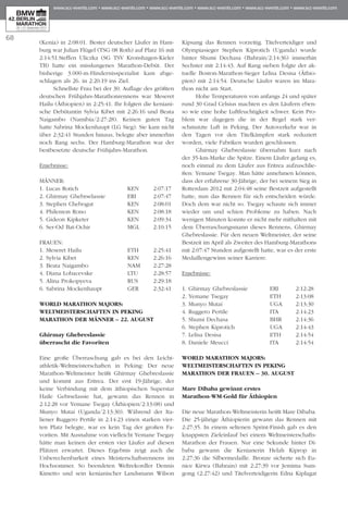 68
(Kenia) in 2:08:01. Bester deutscher Läufer in Ham­
burg war Julian Flügel (TSG 08 Roth) auf Platz 16 mit
2:14:51.Steffen Uliczka (SG TSV Kronshagen-Kieler
TB) hatte ein misslungenes Marathon-Debüt. Der
bisherige 3.000-m-Hindernisspezialist kam abge-
schlagen als 26. in 2:20:19 ins Ziel.
Schnellste Frau bei der 30. Auflage des größten
deutschen Frühjahrs-Marathonrennens war Meseret
Hailu (Äthiopien) in 2:25:41. Ihr folgten die keniani-
sche Debütantin Sylvia Kibet mit 2:26:16 und Beata
Naigambo (Namibia/2:27:28). Keinen guten Tag
hatte Sabrina Mockenhaupt (LG Sieg). Sie kam nicht
über 2:32:41 Stunden hinaus, belegte aber immerhin
noch Rang sechs. Der Hamburg-Marathon war der
bestbesetzte deutsche Frühjahrs-Marathon.
Ergebnisse:
Männer:
1. Lucas Rotich 	 KEN	 2:07:17
2. Ghirmay Ghebrselassie	 ERI	 2:07:47
3. Stephen Chebogut 	 KEN	 2:08:01
4. Philemon Rono 	 KEN	 2:08:18
5. Gideon Kipketer 	 KEN	 2:09:34
6. Ser-Od Bat-Ochir	 MGL	 2:10:15
Frauen:
1. Meseret Hailu	 ETH	 2:25:41
2. Sylvia Kibet 	 KEN	 2:26:16
3. Beata Naigambo 	NAM	 2:27:28
4. Diana Lobacevske	 LTU	 2:28:57
5. Alina Prokopyeva	 RUS	 2:29:18
6. Sabrina Mockenhaupt	 GER	 2:32:41
World Marathon Majors:
Weltmeisterschaften in Peking
Marathon der Männer – 22. August
Ghirmay Ghebreslassie
überrascht die Favoriten
Eine große Überraschung gab es bei den Leicht­
athletik-Weltmeisterschaften in Peking: Der neue
Marathon-Weltmeister heißt Ghirmay Ghebreslassie
und kommt aus Eritrea. Der erst 19-Jährige, der
keine Verbindung mit dem äthiopischen Superstar
Haile Gebrselassie hat, gewann das Rennen in
2:12:28 vor Yemane Tsegay (Äthiopien/2:13:08) und
Munyo Mutai (Uganda/2:13:30). Während der Ita­
liener Ruggero Pertile in 2:14:23 einen starken vier-
ten Platz belegte, war es kein Tag der großen Fa­­
voriten. Mit Ausnahme von vielleicht Yemane Tsegay
hätte man keinen der ersten vier Läufer auf diesen
Plätzen erwartet. Dieses Ergebnis zeigt auch die
Unberechenbarkeit eines Meisterschaftsrennens im
Hochsommer. So beendeten Weltrekordler Dennis
Kimetto und sein kenianischer Landsmann Wilson
Kipsang das Rennen vorzeitig. Titelverteidiger und
Olympiasieger Stephen Kiprotich (Uganda) wurde
hinter Shumi De­­chasa (Bahrain/2:14:36) immerhin
Sechster mit 2:14:43. Auf Rang sieben folgte der ak­­
tuelle Boston-Marathon-Sieger Lelisa Desisa (Äthio­
pien) mit 2:14:54. Deutsche Läufer waren im Mara­
thon nicht am Start.
Hohe Temperaturen von anfangs 24 und später
rund 30 Grad Celsius machten es den Läufern eben-
so wie eine hohe Luftfeuchtigkeit schwer. Kein Pro­
blem war dagegen die in der Regel stark ver-
schmutzte Luft in Peking. Der Autoverkehr war in
den Tagen vor den Titelkämpfen stark reduziert
worden, viele Fabriken wurden geschlossen.
Ghirmay Ghebreslassie übernahm kurz nach
der 35-km-Marke die Spitze. Einem Läufer gelang es,
noch einmal zu dem Läufer aus Eritrea aufzuschlie-
ßen: Yemane Tsegay. Man hätte annehmen können,
dass der erfahrene 30-Jährige, der bei seinem Sieg in
Rotterdam 2012 mit 2:04:48 seine Bestzeit aufgestellt
hatte, nun das Rennen für sich entscheiden würde.
Doch dem war nicht so. Tsegay schaute sich immer
wieder um und schien Probleme zu haben. Nach
wenigen Minuten konnte er nicht mehr mithalten mit
dem Überraschungsmann dieses Rennens, Ghirmay
Ghebreslassie. Für den neuen Weltmeister, der seine
Bestzeit im April als Zweiter des Hamburg-Marathons
mit 2:07:47 Stunden aufgestellt hatte, war es der erste
Medaillengewinn seiner Karriere.
Ergebnisse:
1. Ghirmay Ghebreslassie 	 ERI	 2:12:28
2. Yemane Tsegay 	 ETH	 2:13:08
3. Munyo Mutai 	UGA	 2:13:30
4. Ruggero Pertile 	 ITA	 2:14:23
5. Shumi Dechasa 	 BHR	 2:14:36
6. Stephen Kiprotich 	UGA	 2:14:43
7. Lelisa Desisa 	 ETH	 2:14:54
8. Daniele Meucci	 ITA	 2:14:54
World Marathon Majors:
Weltmeisterschaften in Peking
Marathon der Frauen – 30. August
Mare Dibaba gewinnt erstes
Marathon-WM-Gold für Äthiopien
Die neue Marathon-Weltmeisterin heißt Mare Dibaba.
Die 25-jährige Äthiopierin gewann das Rennen mit
2:27:35. In einem seltenen Sprint-Finish gab es den
knappsten Zieleinlauf bei einem Weltmeisterschafts-
Marathon der Frauen. Nur eine Sekunde hinter Di­­
baba gewann die Kenianerin Helah Kiprop in
2:27:36 die Silbermedaille. Bronze sicherte sich Eu­­
nice Kirwa (Bahrain) mit 2:27:39 vor Jemima Sum­
gong (2:27:42) und Titelverteidigerin Edna Kiplagat
 