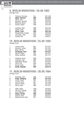 78
9. BERLIN-MARATHON / 26.09.1982
Sonntag, 9 Uhr	
1.	 Tibaduzia, Domingo	 Col	 49	 02:14:46	 00:00
2.	 Weyel, Eberhard	 GER	 54	 02:14:49 	 00:03
3.	 Offord, John	 GBR	 47	 02:20:34	 05:48
4.	 Misiewicz, Ryszard	 POL	 53	 02:20:40 	 05:54
5.	 McCarthy, Martin	 GBR	 51	 02:21:00 	 06:14
6.	 Sinclair, Robert	 GBR	 58	 02:22:34	 07:48
1.	 Lochhead, Jean	 GBR	 46	 02:47:04	 00:00
2.	 Pfeiffer, Libby	 GBR	 44	 02:47:27	 00:23
3.	 Winter, Liane	 GER	 42	 02:51:53	 04:49
4.	 Blanckmeister, Carolyn	 GER		 03:03:30	 16:26
5.	 von Haase, Jutta	 GER	 39	 03:05:32	 18:28
6.	 Scheibe, Ilse	 GER		 03:06:17	 19:13
10. BERLIN-MARATHON / 25.09.1983
Sonntag, 9 Uhr	
	
1.	 Lismont, Karel	 BEL	 49	 02:13:37 	 00:00
2.	 Ashworth, James	 GBR	 57	 02:14:01	 00:24
3.	 Meier, Werner	 SUI	 49	 02:15:06	 01:29
4.	 Hornberger, Franz	 GER	 53	 02:15:27	 01:50
5.	 Sawicki, Wiktor	 POL		 02:16:15	 02:38
6.	 Kilsby, Jonathon	 GBR	 55	 02:17:31	 03:54
1.	 Goldhawk, Karen	 GBR	 59	 02:40:32	 00:00
2.	 Lochhead, Jean	 GBR	 46	 02:43:56	 03:24
3.	 Walendziak, Renata	 POL	 50	 02:44:07	 03:35
4.	 Ulrich, Else	 DEN	 61	 02:49:03	 08:31
5.	 Comsa, Helen	 SUI	 52	 02:51:34	 11:02
6.	 Brandt, Angelika	 GER	 51	 02:52:14	 11:42
11. BERLIN-MARATHON / 30.09.1984	
Sonntag, 9 Uhr	
	
1.	 Skovbjerg, John	 DEN	 56	 02:13:35	 00:00
2.	 Krüger, Wolfgang	 GER	 47	 02:13:43	 00:08
3.	 Lorens, Pawel	 POL	 58	 02:14:53	 01:21
4.	 Lismont, Karel	 BEL	 49	 02:14:56	 01:24
5.	 Sawicki, Wiktor	 POL	 55	 02:15:03	 01:31
6.	 Clyne, Fraser	 GBR	 55	 02:15:21	 01:46
1.	 Sipka, Agnes	 HUN	 53	 02:39:32	 00:00
2.	 Harryson, Solweig	 SWE	 59	 02:39:48	 00:16
3.	 Hurst, Maureen	 GBR	 54	 02:42:49	 03:17
4.	 Dotzler, Christa	 GER	 53	 02:43:07	 03:35
5.	 Hutterer, Heidi	 GER	 59	 02:45:16	 05:44
6.	 Beltowski-Krol, Anna	 POL	 49	 02:45:39	 06:07
 