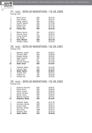 84
27. real,- BERLIN-MARATHON / 10.09.2000
Sonntag, 9 Uhr
1.	 Biwott, Simon	 KEN	 70	 02:07:42	 00:00
2.	 Pena, Antonio	 ESP	 70	 02:07:47	 00:05
3.	 Kabiga, Jackson	 KEN	 76	 02:09:51	 02:09
4.	 Sunada, Takahiro	 JPN	 73	 02:10:08	 02:26
5.	 Kiptanui, Paul	 KEN	 69	 02:10:43	 03:01
6.	 Chebet, Elias	 KEN	 74	 02:11:06	 03:24
25.	 Erhardt, Nick	 GER		 02:22:34	 14:52
1.	 Matsuo, Kazumi	 JPN	 74	 02:26:15	 00:00
2.	 Fiacconi, Franca	 ITA	 65	 02:26:42	 00:27
3.	 Zhang, Shujing	 CHN	 78	 02:27:14	 00:59
4.	 Geji, Noriko	 JPN	 73	 02:27:41	 01:26
5.	 Kraus, Melanie	 GER	 74	 02:27:58	 01:43
6.	 Sampaio, Helena	 POR	 73	 02:29:34	 03:19	
28. real,- BERLIN-MARATHON / 30.09.2001
Sonntag, 9 Uhr
1.	 Ngolepus, Joseph	 KEN	 75	 02:08:47	 00:00
2.	 Cheruiyot, Willy	 KEN	 67	 02:09:08	 00:21
3.	 Kiplagat, William	 KEN	 72	 02:09:55	 01:08
4.	 Ogata, Tsuyoshi	 JPN	 73	 02:10:06	 01:19
5.	 Goffi, Danilo	 ITA	 72	 02:10:35	 01:48
6.	 Chumba, Frederick	 KEN	 74	 02:10:36	 01:49
33.	 Steidl, Ulrich	 GER		 02:19:01	 10:14
1.	 Takahashi, Naoko	 JPN	 72	 02:19:46	 00:00
2.	 Loroupe, Tegla	 KEN	 73	 02:28:03	 08:17
3.	 Weßel, Kathrin	 GER	 67	 02:28:27	 08:41
4.	 Terasaki, Shiki	 JPN	 72	 02:33:23	 13:37
5.	 Sugihara, Ai	 JPN	 75	 02:34:56	 15:10
6.	 Hartigan, Bev	 GBR	 67	 02:36:02	 16:16
29. real,- BERLIN-MARATHON / 29.09.2002
Sonntag, 9 Uhr
1.	 Kipkoech, Raymond	 KEN	 79	 02:06:47	 00:00
2.	 Biwott, Simon	 KEN	 70	 02:06:49	 00:02
3.	 Kipsos, Vincent	 KEN	 76	 02:06:52	 00:05
4.	 Usisivu, Boniface	 KEN	 74	 02:07:50	 01:03
5.	 Muindi, Jimmy	 KEN	 73	 02:08:25	 01:38
6.	 Matsuda, Kazuhiro	 JPN	 74	 02:10:31	 03:44
23.	 Beckmann, Martin	 GER	 79	 02:16:07	 09:20
1.	 Takahashi, Naoko	 JPN	 72	 02:21:49	 00:00
2.	 Fernandez, Adriana	 MEX	 71	 02:24:11	 02:22
3.	 Kimutai, Helen	 KEN	 77	 02:26:10 	 04:21
4.	 Gemechu, Shitaye	 ETH	 80	 02:26:15 	 04:26
5.	 Buia, Aurica	 ROM	 70	 02:32:47	 10:58
6.	 Dahmani, Zahia	 FRA	 72	 02:34:16	 12:27
8.	 Weßel, Kathrin	 GER	 67	 02:36:36	 14:47		
 