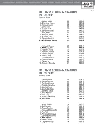 89
38. BMW BERLIN-MARATHON
25.09.2011
Sonntag, 9 Uhr
1. Makau, Patrick	 KEN	 2:03:38	 00:00
2. Chemlany, Stephen	 KEN	 2:07:55	 04:17
3. Kimaiyo, Edwin	 KEN	 2:09:50	 06:12
4. Limo, Felix	 KEN	 2:10:38	 07:00
5. Overall, Scott	 GBR	 2:10:55	 07:17
6. Serrano, Ricardo	 ESP	 2:13:32	 09:54
7. Nimi, Pedro	 ESP	 2:13:34	 09:56
8. Munyutu, Simon	 FRA	 2:14:20	 10:42
9. El Himer, Driss	 FRA	 2:14:46	 11:08
10. Ramalaa,Hendrick	 RSA	 2:16:00	 12:22
21. Weiß-Latzko, Markus	 GER	 2:19:03	 15:25
1. Kiplagat, Florence	 KEN	 2:19:44	 00:00
2. Mikitenko, Irina	 GER	 2:22:18	 02:34
3. Radcliffe, Paula	 GBR	 2:23:46	 04:02
4. Habtamu, Atsede	 ETH	 2:24:25	 04:41
5. Petrova, Tatyana	 RUS	 2:25:01	 05:17
6. Incerti, Anna	 ITA	 2:25:32	 05:48
7. Console, Rosaria	 ITA	 2:26:10	 06:26
8. Straneo, Valeria	 ITA	 2:26:33	 06:49
9. Okubo, Eri	 JPN	 2:28:49	 09:05
10. Boonstra, Miranda	 NED	 2:29:23	 09:39
39. BMW BERLIN-MARATHON
30.09.2012
Sonntag, 9 Uhr
1. Geoffrey Mutai 	 KEN 	 2:04:15	 00:00
2. Dennis Kimetto 	 KEN	 2:04:16	 00:01
3. Geoffrey Kipsang 	 KEN	 2:06:12	 01:57
4. Nicholas Kamakya 	 KEN	 2:08:28	 04:13
5. Josphat Keiyo 	 KEN	 2:08:41	 04:26
6. Josphat Jepkopol	 KEN	 2:08:44	 04:29
7. Jonathan Maiyo	 KEN	 2:09:19	 05:04
8. Eliud Kiptanui	 KEN	 2:09:59	 05:44
9. Felix Keny	 KEN	 2:10:22	 06:07
10. Masakazu Fujiwara	 JPN	 2:11:31	 07:16
14. Jan Fitschen	 GER	 2:13:10	 08:55
1. Aberu Kebede 	 ETH	 2:20:30	 00:00
2. Tirfi Tsegaye 	 ETH	 2:21:19	 00:49
3. Orlena Shurhno 	 UKR	 2:23:32	 03:02
4. Flomena Chepchirchir 	 KEN	 2:24:56	 04:26
5. Fate Tola 	 ETH	 2:25:14	 04:44
6. Alevtina Biktimirova	 RUS	 2:28.45	 08:15
7. Caroline Chepkwony	 KEN	 2:30:34	 10:04
8. Anna Hahner	 GER	 2:30:37	 10:07
9. Sonia Samuels	 GBR	 2:30:56	 10:26
10. Degefa Biruktayit	 ETH	 2:33:27	 12:57
 