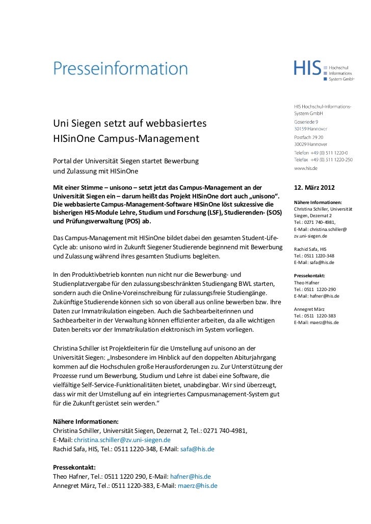 Presseinfo Hisinone Campus Management An Der Uni Siegen Pdf