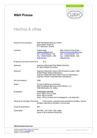 W&H Prensa



Hechos & cifras


Dirección de la empresa:               W&H Dentalwerk Bürmoos GmbH
                                       Ignaz Glaser Straße 53
                                       5111 Bürmoos / Austria

Contacto:                              Angela Heigl                     Mag. Susanne Kreuzhuber
                                       angela.heigl@wh.com              susanne.kreuzhuber@wh.com
                                       Tel: +43/6274/6236 - 460         Tel.: +43/6274/6236 - 519
                                       Fax: +43/6274/6236 – 655         Fax: +43/6274/6236 – 655
                                       www.wh.com                       www.wh.com

El ejercicio económico termina el:             31.8.

Gerencia:                              Ingeniero Diplomado Peter Malata (Gerente)
                                       Dr. Bernd Rippel (Consultor)

Dirección:                             Ingeniero Diplomado Johann Eibl (Produktinnovation, F&E)
                                       Rudolf Flieger (Sales & Marketing)
                                       Ingeniero Diplomado Klaus Maier (Finanz & Distribution)
                                       Ingeniero Herbert Traschwandtner (Operations)

Año de fundación:                      1890

Sedes:                                 En total 3 plantas de producción:
                                       W&H Dentalwerk Bürmoos GmbH Plantas 1 y 2
                                       W&H Sterilization Srl. (Italia)

Empleados:                             A Diciembre del 2010
                                       aprox. 980 a nivel mundial
                                       aprox. 650 en Austria
                                       aprox. 100 en el sector de la investigación y del desarrollo

Sectores de actividad / Productos:      Instrumentos y aparatos para consultorios dentales, clínicas
                                dentales, laboratorios dentales y microcirugía

Cuota de exportación:                  95%

Certificados:                          ISO 9001, ISO 14001, ISO 13485
                                       Anexo II de la directiva 93/42/CEE




W&H Dentalwerk Bürmoos

Kontacto: Angela Heigl, Susanne Kreuzhuber
                                                                   http://mx?MXTyp=PresseInfo&MXNr=00061-ASP&MXRev=10
Correo electrónico: presse@wh.com
Teléfono: +43 (0) 6274 6236
 