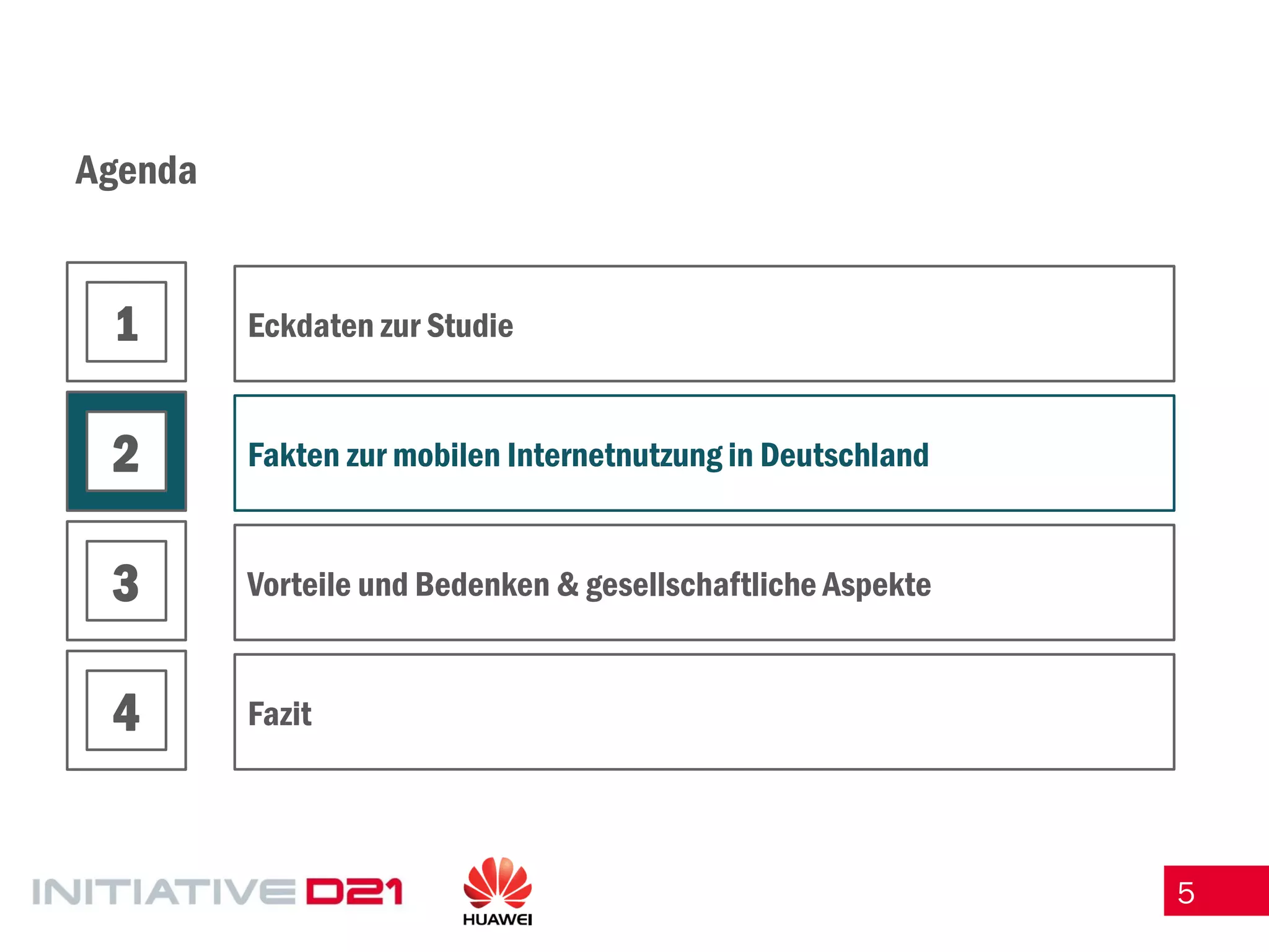 5 
Agenda 
Eckdaten zur Studie 
Fakten zur mobilen Internetnutzung in Deutschland 
Vorteile und Bedenken & gesellschaftliche Aspekte 
Fazit 
1 
2 
3 
4  