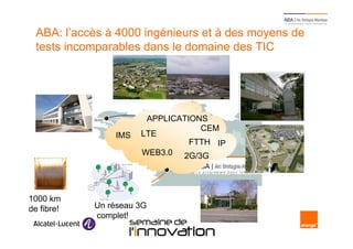ABA: l’accès à 4000 ingénieurs et à des moyens de
  tests incomparables dans le domaine des TIC




                         APPLICATIONS
                                    CEM
                IMS     LTE
                                  FTTH IP
                        WEB3.0 2G/3G




1000 km
de fibre!   Un réseau 3G
            complet!
  7                   Semaine de l’innovation 2011
 