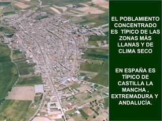 EL POBLAMIENTO
 CONCENTRADO
ES TÍPICO DE LAS
   ZONAS MÁS
  LLANAS Y DE
  CLIMA SECO


 EN ESPAÑA ES
   TÍPICO DE
  CASTILLA LA
   MANCHA ,
EXTREMADURA Y
  ANDALUCÍA.
 