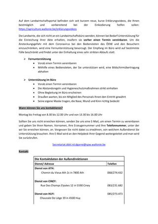 Auf dem Landwirtschaftsportal befinden sich seit kurzem neue, kurze Erklärungsvideos, die Ihnen
bestmöglich und vorbereitend bei der Einkodierung helfen sollen:
https://agriculture.wallonie.be/erklarungsvideos
Die Landwirte, die sich nicht an ein Landwirtschaftsbüro wenden, können bei Bedarf Unterstützung für
die Einreichung ihrer Akte erhalten, insofern sie vorher einen Termin vereinbaren. Um die
Ansteckungsgefahr mit dem Coronavirus bei den Bediensteten des ÖDW und den Besuchern
einzuschränken, wird eine Fernunterstützung bevorzugt. Der Empfang im Büro wird auf bestimmte
Fälle beschränkt und findet unter der Einhaltung eines sehr strikten Ablaufs statt.
➢ Fernunterstützung
• Vorab einen Termin vereinbaren
• Mithilfe eines Bediensteten, der Sie unterstützen wird, eine Bildschirmübertragung
abhalten
➢ Unterstützung im Büro
• Vorab einen Termin vereinbaren
• Die Abstandsregeln und Hygieneschutzmaßnahmen strikt einhalten
• Ohne Begleitung im Büro erscheinen
• Draußen warten, bis ein Mitglied des Personals Ihnen den Eintritt gewährt
• Seine eigene Maske tragen, die Nase, Mund und Kinn richtig bedeckt
Wann können Sie uns kontaktieren?
Montag bis Freitag von 8.30 bis 12.00 Uhr und von 13.30 bis 16.00 Uhr
Sollten Sie uns nicht erreichen können, senden Sie uns eine E-Mail, um einen Termin zu vereinbaren
und geben Sie Ihren Namen, Vornamen, Ihre Erzeugernummer und Ihre Telefonnummer, unter der
wir Sie erreichen können, an. Vergessen Sie nicht dabei zu erwähnen, von welchem Außendienst Sie
Unterstützung brauchen. Ihre E-Mail wird an den Helpdesk Ihrer Gegend weitergeleitet und man wird
Sie zurückrufen.
Secretariat.ddvl.rd.dgarne@spw.wallonie.be
Kontakt
Die Kontaktdaten der Außendirektionen
Dienst/ Adresse Telefon
Dienst von ATH:
Chemin du Vieux Ath 2c in 7800 Ath 068/274.432
Dienst von CINEY:
Rue Des Champs Elysées 12 in 5590 Ciney 083/231.682
Dienst von HUY: 085/273.473
Chaussée De Liège 39 in 4500 Huy
 