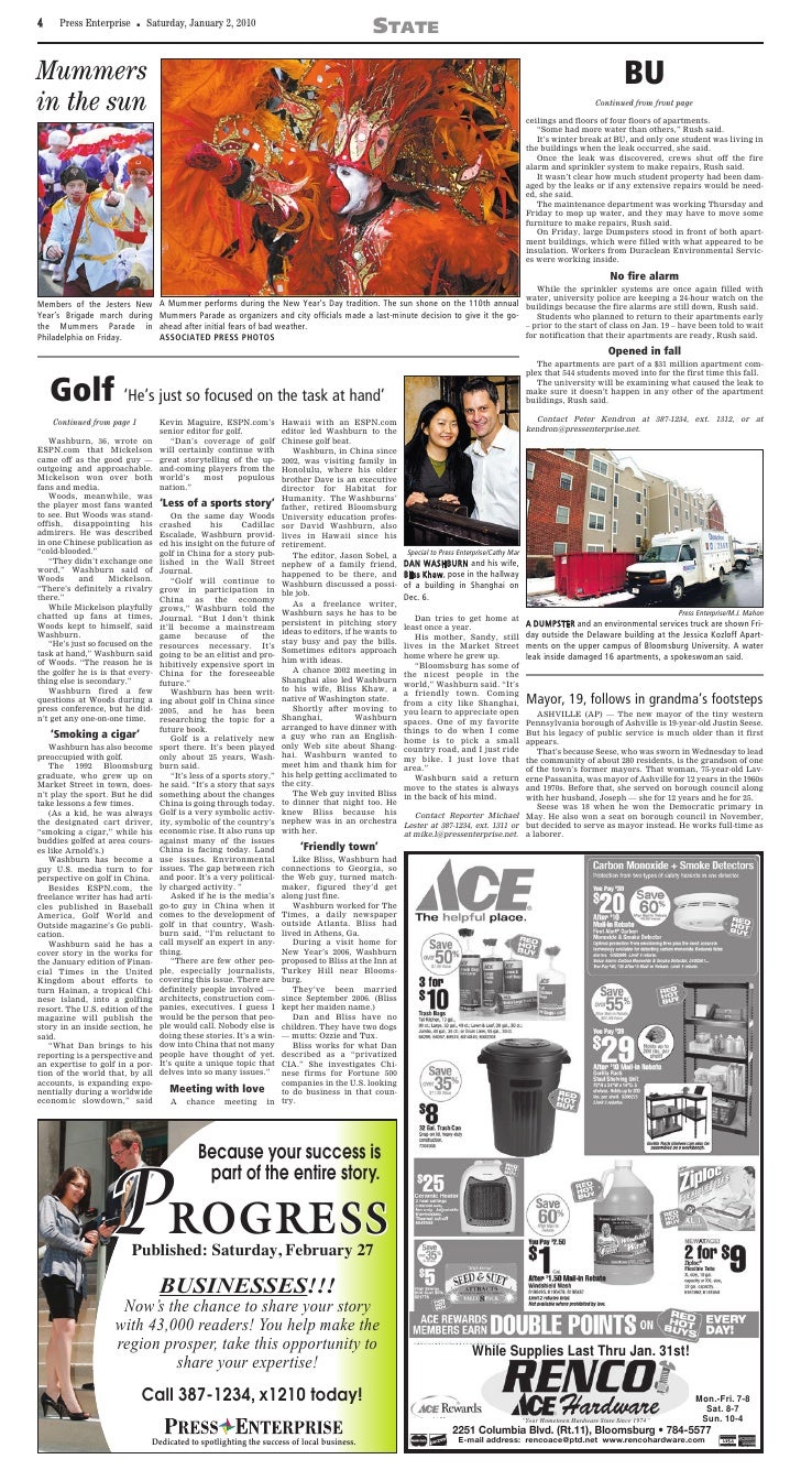 Dan Washburn in the Press Enterprise, Bloomsburg, Pa., January 2, 2010