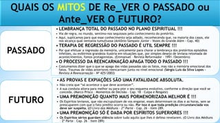 QUAIS OS MITOS DE Re_VER O PASSADO ou
Ante_VER O FUTURO?
• LEMBRANÇA TOTAL DO PASSADO NO PLANO ESPIRITUAL !!!
• Via de regra, no mundo, sentimo-nos sequiosos pelo conhecimento do pretérito.
• Aqui, suplicamos para que esse conhecimento seja adiado, reconhecendo que, na maioria dos casos, ele
nos alcança qual ventania tumultuosa (Antônio Sampaio Júnior - Vozes do Grande Além - Cap. 40)
• TERAPIA DE REGRESSÃO DO PASSADO É UTIL SEMPRE !!!
• Por que efetuar a regressão da memória, unicamente para chorar a lembrança dos pretéritos episódios
infelizes, ou exibirmos grandeza ilusória em situações que, por simples desejo de leviana retomada de
acontecimentos, fomos protagonistas. (Emmanuel – Revista Reformador – 1991 /Dezembro)
• O PROCESSO DA REENCARNAÇÃO APAGA TODO O PASSADO !!!
• Costumamos dizer que o que se apaga das vidas passadas são os fatos, mas não a memória emocional dos
fatos. Traumas de vidas anteriores reencarnam junto no nível emocional (Sérgio Luís da Silva Lopes –
Revista A Reencarnação – No 425/2003)
PASSADO
• AS PROVAS E EXPIAÇÕES SÃO UMA FATALIDADE ABSOLUTA.
• Não creia que “só acontece o que deve acontecer”.
• A sua conduta altera para melhor ou para pior o seu esquema evolutivo, conforme a direção que você se
conceda. (Marco Prisco – Momentos de Decisão – Cap. 18 – Culpa e Resgate)
• UMA PREMONIÇÃO QUANTO MAIS PORMENORIZADA MELHOR É !!!
• Os Espíritos levianos, que não escrupulizam de vos enganar, esses determinam os dias e as horas, sem se
preocuparem com que o fato predito ocorra ou não. Por isso é que toda predição circunstanciada vos
deve ser suspeita. (O Livro dos Médiuns – 2º Parte – Cap. 26 – Item 289.
• UMA PREMONIÇÃO SÓ É DADA POR ESPÍRITOS SUPERIORES !!!
• Os Espíritos sérios guardam silêncio sobre tudo aquilo que lhes é defeso revelarem. (O Livro dos Médiuns
– 2º Parte – Cap. 26 – Item 289)
FUTURO
 