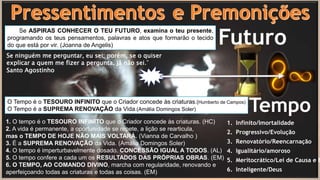 Tempo
Futuro
O Tempo é o TESOURO INFINITO que o Criador concede às criaturas.(Humberto de Campos)
O Tempo é a SUPREMA RENOVAÇÃO da Vida.(Amália Domingos Soler)
Se ASPIRAS CONHECER O TEU FUTURO, examina o teu presente,
programando os teus pensamentos, palavras e atos que formarão o tecido
do que está por vir. (Joanna de Angelis)
1. Infinito/Imortalidade
2. Progressivo/Evolução
3. Renovatório/Reencarnação
4. Igualitário/amoroso
5. Meritocrático/Lei de Causa e E
6. Inteligente/Deus
1. O tempo é o TESOURO INFINITO que o Criador concede às criaturas. (HC)
2. A vida é permanente, a oportunidade se repete, a lição se rearticula,
mas o TEMPO DE HOJE NÃO MAIS VOLTARÁ. (Vianna de Carvalho )
3. É a SUPREMA RENOVAÇÃO da Vida. (Amália Domingos Soler)
4. O tempo é imperturbavelmente dosado. CONCESSÃO IGUAL A TODOS. (AL)
5. O tempo confere a cada um os RESULTADOS DAS PRÓPRIAS OBRAS. (EM)
6. O TEMPO, AO COMANDO DIVINO, marcha com regularidade, renovando e
aperfeiçoando todas as criaturas e todas as coisas. (EM)
Se ninguém me perguntar, eu sei; porém, se o quiser
explicar a quem me fizer a pergunta, já não sei.”
Santo Agostinho
 