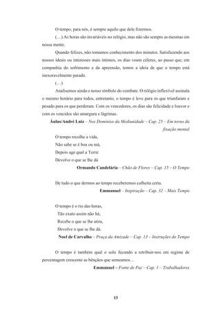 13
O tempo, para nós, é sempre aquilo que dele fizermos.
(…) As horas são invariáveis no relógio, mas não são sempre as mesmas em
nossa mente.
Quando felizes, não tomamos conhecimento dos minutos. Satisfazendo aos
nossos ideais ou interesses mais íntimos, os dias voam céleres, ao passo que, em
companhia do sofrimento e da apreensão, temos a ideia de que o tempo está
inexoravelmente parado.
(…)
Analisemos ainda o nosso símbolo do combate. O relógio inflexível assinala
o mesmo horário para todos, entretanto, o tempo é leve para os que triunfaram e
pesado para os que perderam. Com os vencedores, os dias são felicidade e louvor e
com os vencidos são amargura e lágrimas.
Áulus/André Luiz – Nos Domínios da Mediunidade – Cap. 25 – Em torno da
fixação mental
O tempo recolhe a vida,
Não sabe se é boa ou má,
Depois age qual a Terra:
Devolve o que se lhe dá
Ormando Candelária – Chão de Flores – Cap. 15 – O Tempo
De tudo o que dermos ao tempo receberemos colheita certa.
Emmanuel – Inspiração – Cap. 32 – Mais Tempo
O tempo é o rio das horas,
Tão exato assim não há;
Recebe o que se lhe atira,
Devolve o que se lhe dá.
Noel de Carvalho – Praça da Amizade – Cap. 13 – Instruções do Tempo
O tempo é também qual o solo fecundo a retribuir-nos em regime de
percentagem crescente as bênçãos que semeamos…
Emmanuel – Fonte de Paz – Cap. 1 – Trabalhadores
 