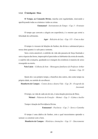 15
1.1.6 É Inteligente / Deus
O Tempo, ao Comando Divino, marcha com regularidade, renovando e
aperfeiçoando todas as criaturas e todas as coisas.
Emmanuel – Instrumentos do Tempo – Cap. 5 – O minuto
O tempo que converte a alegria em experiência, é o mesmo que extrai a
felicidade do sofrimento.
Agar – Relicário de Luz – Cap. 115 – Com os dias
O tempo é o tesouro de bênçãos do Senhor, tão divino e substancial para a
nossa alma quanto é o solo para a semente.
Sem a terra amorável, o embrião da vida não passaria de força frustrada e
sem a riqueza das horas, imperceptível para todos os habitantes da crosta do mundo,
o espírito não avançaria, quedando-se à margem da existência à maneira de seixo
ressequido ou morto.
Neio Lúcio – Colheita do bem – Mensagens familiares do Professor Arthur
Joviano – Cap. 33
Quem dá o seu próprio tempo, a benefício dos outros, não conta tempo na
própria idade, no sentido de envelhecer.
Humberto de Campos – Contos desta e doutra Vida – Cap. 26 – O segredo da
Juventude
O tempo, na vida de cada um de nós, é uma doação preciosa de Deus.
Meimei – Palavras do Coração – Meimei – Cap. 3 – Calma e Auxílio
Tempo é doação da Providência Divina.
Emmanuel – Paciência – Cap. 2 – Serve e Caminha
O tempo é uma dádiva do Senhor, com a qual necessitamos aprender a
semear e a construir com o bem.
Humberto de Campos – Histórias e Anotações – Cap. 11 – Sinceramente
 