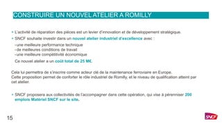 CONSTRUIRE UN NOUVEL ATELIER A ROMILLY
+ L’activité de réparation des pièces est un levier d’innovation et de développement stratégique.
+ SNCF souhaite investir dans un nouvel atelier industriel d’excellence avec :
• une meilleure performance technique
• de meilleures conditions de travail
• une meilleure compétitivité économique
Ce nouvel atelier a un coût total de 25 M€.
Cela lui permettra de s’inscrire comme acteur clé de la maintenance ferroviaire en Europe.
Cette proposition permet de conforter le rôle industriel de Romilly, et le niveau de qualification atteint par
cet atelier.
+ SNCF proposera aux collectivités de l’accompagner dans cette opération, qui vise à pérenniser 200
emplois Matériel SNCF sur le site.
15
 