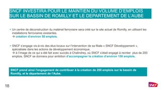 SNCF INVESTIRA POUR LE MAINTIEN DU VOLUME D’EMPLOIS
SUR LE BASSIN DE ROMILLY ET LE DEPARTEMENT DE L’AUBE
+ Un centre de déconstruction du matériel ferroviaire sera créé sur le site actuel de Romilly, en utilisant les
installations ferroviaires existantes.
 création d’environ 50 emplois.
+ SNCF s’engage vis-à-vis des élus locaux sur l’intervention de sa filiale « SNCF Développement »,
spécialisée dans les actions de développement économique.
 à l’image de ce qui a été fait avec succès à Chalindrey, où SNCF s’était engagé à recréer plus de 200
emplois, SNCF se donnera pour ambition d’accompagner la création d’environ 150 emplois.
SNCF prend ainsi l’engagement de contribuer à la création de 200 emplois sur le bassin de
Romilly, et le département de l’Aube.
18
 