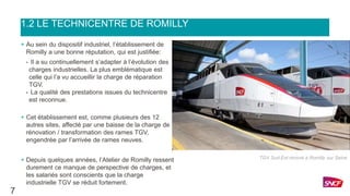 + Au sein du dispositif industriel, l’établissement de
Romilly a une bonne réputation, qui est justifiée:
• Il a su continuellement s’adapter à l’évolution des
charges industrielles. La plus emblématique est
celle qui l’a vu accueillir la charge de réparation
TGV.
• La qualité des prestations issues du technicentre
est reconnue.
+ Cet établissement est, comme plusieurs des 12
autres sites, affecté par une baisse de la charge de
rénovation / transformation des rames TGV,
engendrée par l’arrivée de rames neuves.
+ Depuis quelques années, l’Atelier de Romilly ressent
durement ce manque de perspective de charges, et
les salariés sont conscients que la charge
industrielle TGV se réduit fortement.
TGV Sud-Est rénové à Romilly sur Seine
7
1.2 LE TECHNICENTRE DE ROMILLY
 
