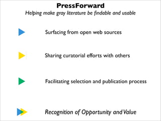 PressForward

Helping make gray literature be ﬁndable and usable
Surfacing from open web sources

Sharing curatorial effor...