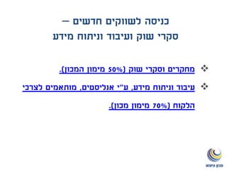 ‫חדשים‬ ‫לשווקים‬ ‫כניסה‬–
‫מידע‬ ‫וניתוח‬ ‫ועיבוד‬ ‫שוק‬ ‫סקרי‬
‫שוק‬ ‫וסקרי‬ ‫מחקרים‬(50%‫המכון‬ ‫מימון‬.)
‫מידע‬ ‫וניתוח‬ ‫עיבוד‬,‫ע‬"‫אנליסטים‬ ‫י‬,‫לצרכי‬ ‫מותאמים‬
‫הלקוח‬(70%‫מכון‬ ‫מימון‬.)
 
