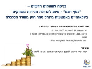 ‫כניסה‬‫חדשים‬ ‫לשווקים‬–
"‫חכם‬ ‫כסף‬"-‫סיוע‬‫בשווקים‬ ‫מכירות‬ ‫להגדלת‬
‫בינלאומיים‬‫באמצעות‬‫מינהל‬‫הכלכלה‬ ‫משרד‬ ‫חוץ‬ ‫סחר‬
‫בשיעור‬ ‫סיוע‬50%‫מאושרת‬ ‫שיווקית‬ ‫מתכנית‬,‫של‬ ‫בגובה‬:
‫עד‬500,000₪‫שנתיים‬ ‫למשך‬ ‫יעד‬ ‫לשוק‬.
‫עד‬1,000,000₪‫יעד‬ ‫לשוק‬‫מועדף‬(‫הודו‬,‫סין‬,‫יפן‬,‫אפריקה‬)‫למשך‬3
‫שנים‬.
‫ניתן‬‫לשוק‬ ‫אחת‬ ‫בקשה‬ ‫להגיש‬‫בשנה‬ ‫אחד‬.
‫תנאי‬‫סף‬
‫מינימום‬ ‫ישיר‬ ‫יצוא‬K250$‫מ‬ ‫נמוך‬ ‫כולל‬ ‫מכירות‬ ‫והיקף‬-M200₪.
 