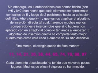 Sin embargo, las k-ordenaciones que hemos hecho (con k=5 y k=2) han hecho que cada elemento se aproximase con saltos de 5 y luego de 2 posiciones hacia su ubicación definitiva. Ahora que k=1 y que vamos a aplicar el algoritmo de inserción directa tal cual, haremos muchas menos comparaciones e intercambios que si lo hubiéramos aplicado con en arreglo tal como lo teníamos al empezar. El algoritmo de inserción directa se comporta tanto mejor cuanto más cerca está cada elemento de su sitio definitivo.   Finalmente, el arreglo queda de ésta manera:   11, 14, 21, 30, 38, 44, 65, 74, 78, 88, 97   Cada elemento descolocado ha tenido que moverse pocos lugares. Muchos de ellos ni siquiera se han movido. 