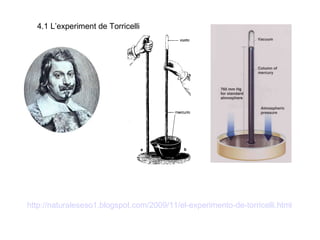 4.1 L’experiment de Torricelli  http://naturaleseso1. blogspot.com /2009/11/el-experimento-de- torricelli.html   