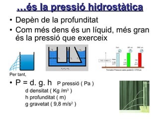 … és la pressió hidrostàtica Depèn de la profunditat Com més dens és un líquid, més gran és la pressió que exerceix Per tant,   P = d. g. h P pressió ( Pa ) d densitat ( Kg /m 3  ) h profunditat ( m) g gravetat ( 9,8 m/s 2  ) 