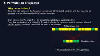 1. Permutation of Spectra
Why permutation ?
Since the high values in the frequency domain are concentrated together, and they need to be
scattered to ensure the sparsity of the frequency domain.
It can be seen that the larger N is , the greater the probability of scattering will be.
From this perspective, σ is related to B, and σ reflects the minimum spacing between adjacent
frequency points, while N/B determines the width of each bucket.
Representation of the binning process
 